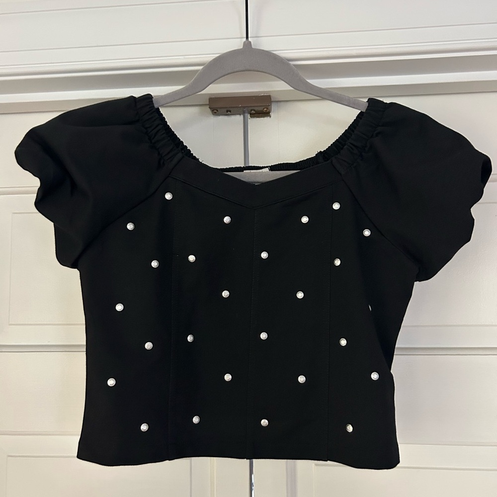 Girls Black Puff Sleeve Cropped Top with Pearl Accents